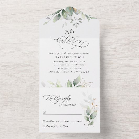 Greenery, Eucalyptus Leaves, Boho, Birthday All In One Uitnodiging (Binnen)