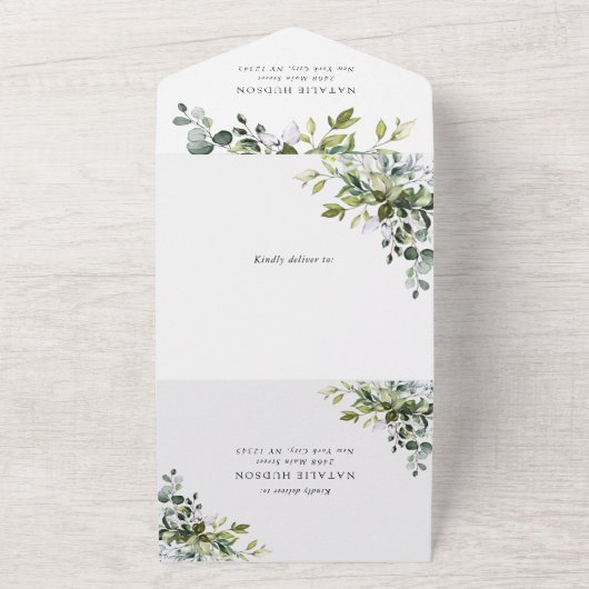 Greenery, Eucalyptus Leaves, Boho, Birthday All In One Uitnodiging (Buitenkant)