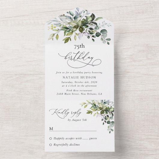 Greenery, Eucalyptus Leaves, Boho, Birthday All In One Uitnodiging (Binnen)