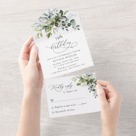 Greenery, Eucalyptus Leaves, Boho, Birthday All In One Uitnodiging