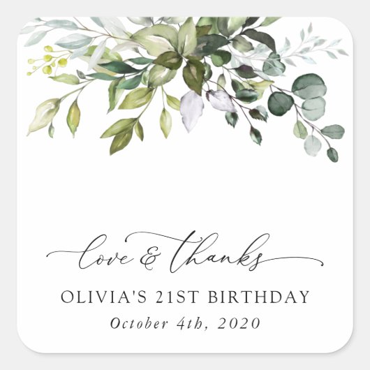 Greenery, Eucalyptus Leaves, Boho, Birthday Vierkante Sticker (Voorkant)