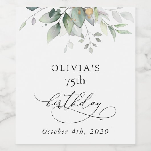 Greenery, Eucalyptus Leaves, Boho, Birthday Wijn Etiket (Enkel label)