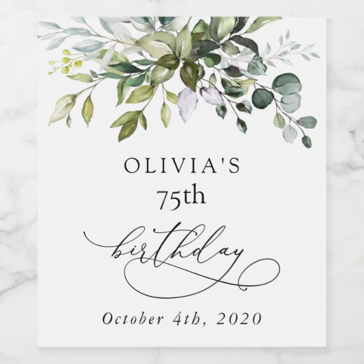 Greenery, Eucalyptus Leaves, Boho, Birthday Wijn Etiket (Enkel label)