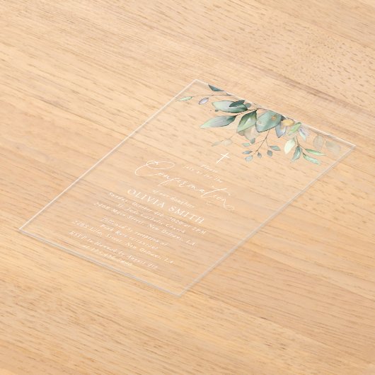 Greenery, Eucalyptus Leaves, Boho, Confirmation Acryl Uitnodigingen (Laagn)