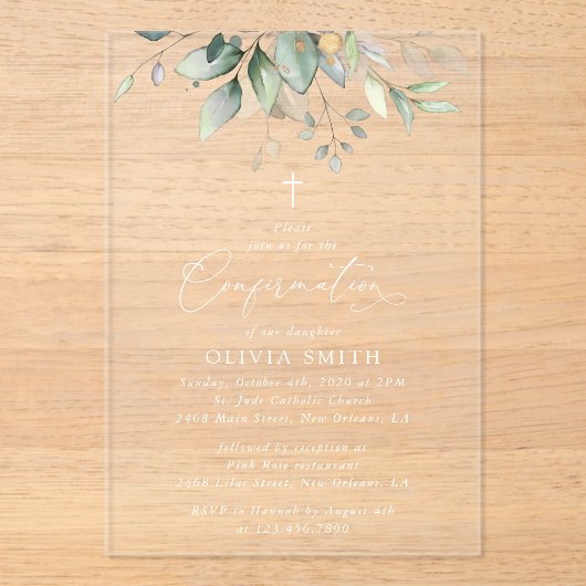 Greenery, Eucalyptus Leaves, Boho, Confirmation Acryl Uitnodigingen (Voorkant)