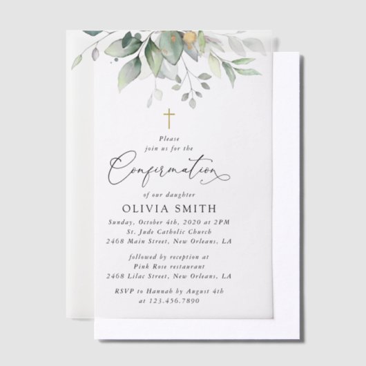 Greenery, Eucalyptus Leaves, Boho, Confirmation Vellum Uitnodigingen (Offset)