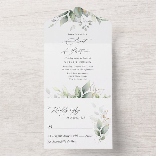 Greenery, Eucalyptus Leaves, Boho, Sweet 16 All In One Uitnodiging (Binnen)