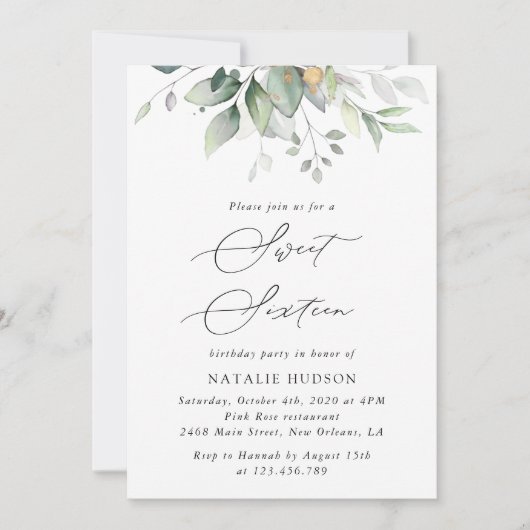 Greenery, Eucalyptus Leaves, Boho, Sweet 16 Kaart (Voorkant)