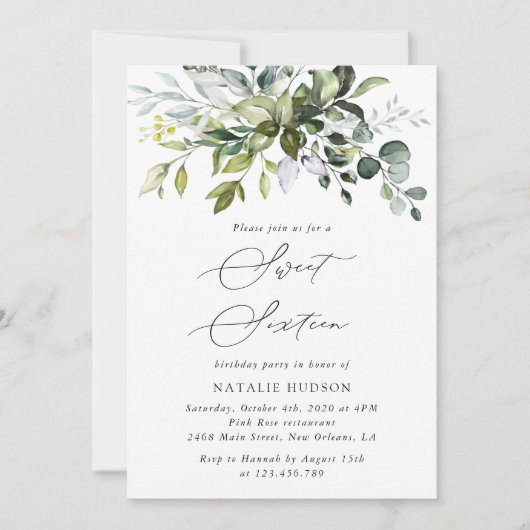 Greenery, Eucalyptus Leaves, Boho, Sweet 16 Kaart (Voorkant)