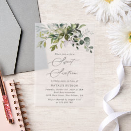 Greenery, Eucalyptus Leaves, Boho, Sweet 16 Vellum Uitnodigingen
