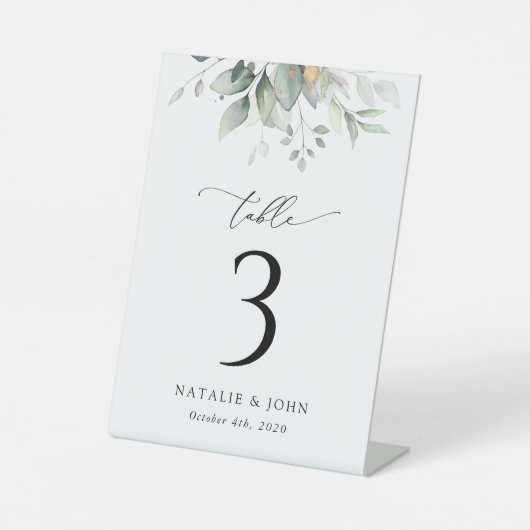 Greenery, Eucalyptus Leaves, Boho, Table Numbers Reclamebord Met Voetstuk (Voorkant)
