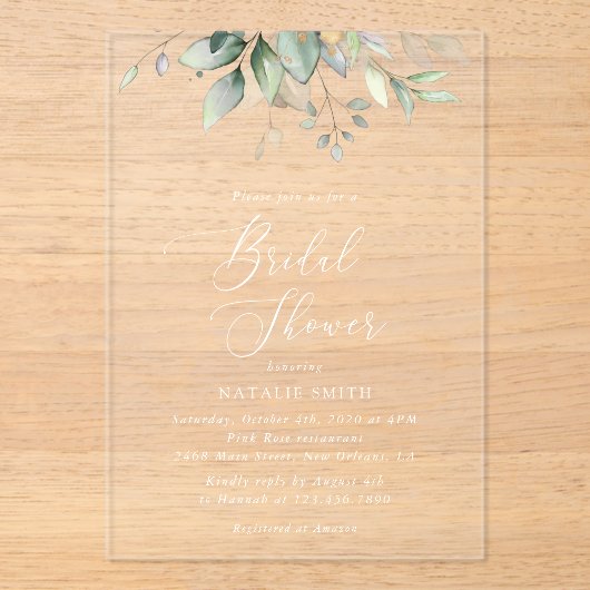 Greenery, Eucalyptus Leaves, Boho, Vrijgezellenfee Acryl Uitnodigingen (Voorkant)