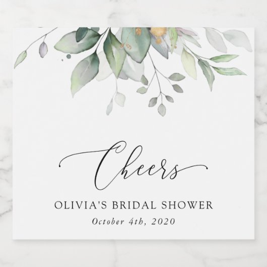 Greenery, Eucalyptus Leaves, Boho, Vrijgezellenfee Sparkling Wijnetiket (Enkel label)