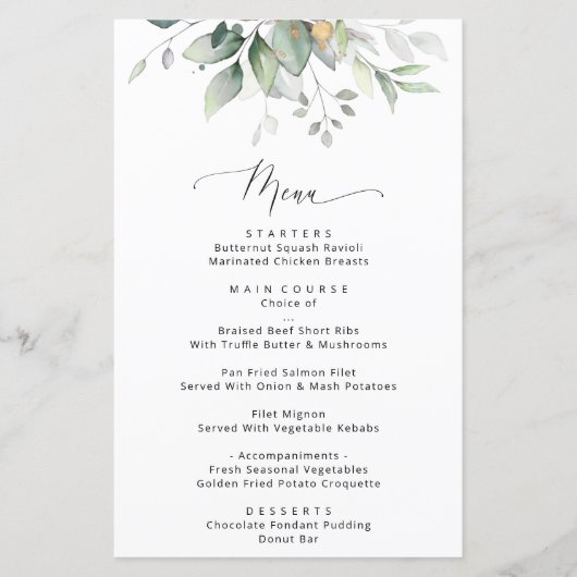 Greenery, Eucalyptus Leaves, Boho, Wedding Menu (Voorkant)