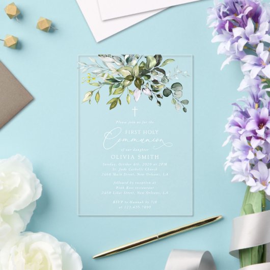 Greenery, Eucalyptus Leaves, First Holy Communion Acryl Uitnodigingen (Insitu (Huwelijk))
