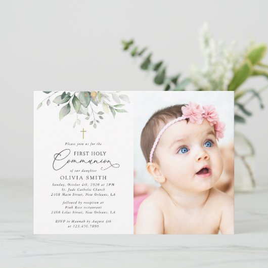 Greenery, Eucalyptus Leaves, First Holy Communion Kaart (Staand voorkant)