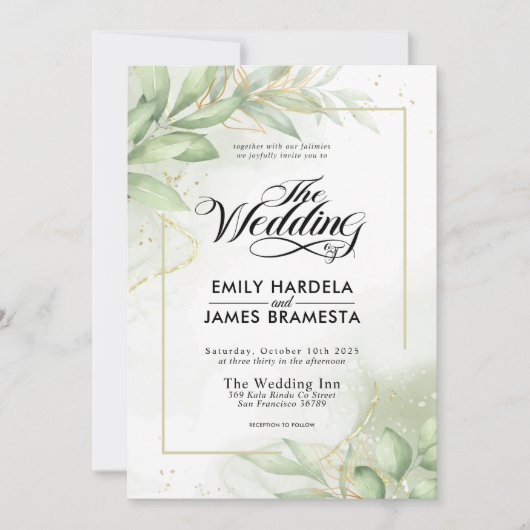 Greenery Eucalyptus Leaves Gold Waterverf Wedding Kaart (Voorkant)