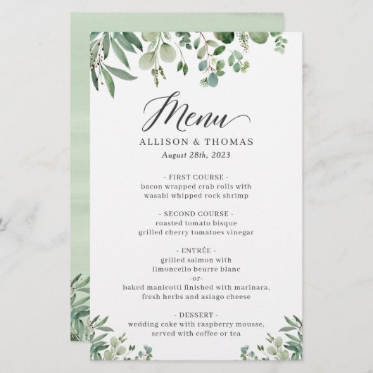 Greenery Eucalyptus Leaves Weddenrenmenu (Voorkant / Achterkant)