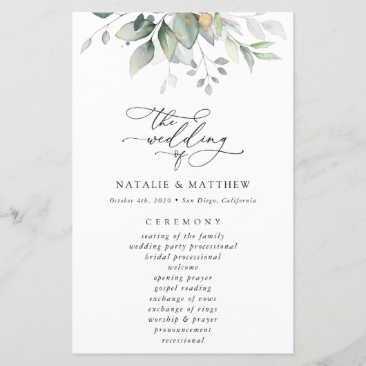 Greenery, Eucalyptus Leaves, Wedding Programme (Voorkant)