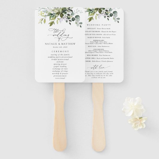 Greenery, Eucalyptus Leaves, Wedding Programme Handwaaier (Voorkant en achterkant)