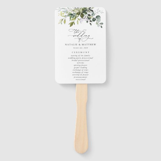 Greenery, Eucalyptus Leaves, Wedding Programme Handwaaier (Voorkant)