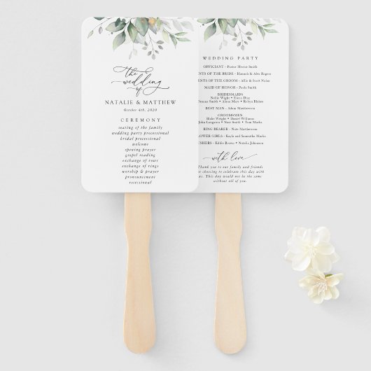 Greenery, Eucalyptus Leaves, Wedding Programme Handwaaier (Voorkant en achterkant)