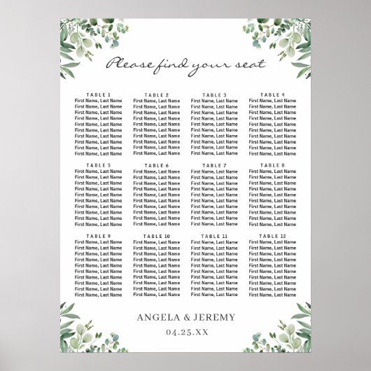 Greenery Eucalyptus Leaves Wedding Seding Chart Poster (Voorkant)
