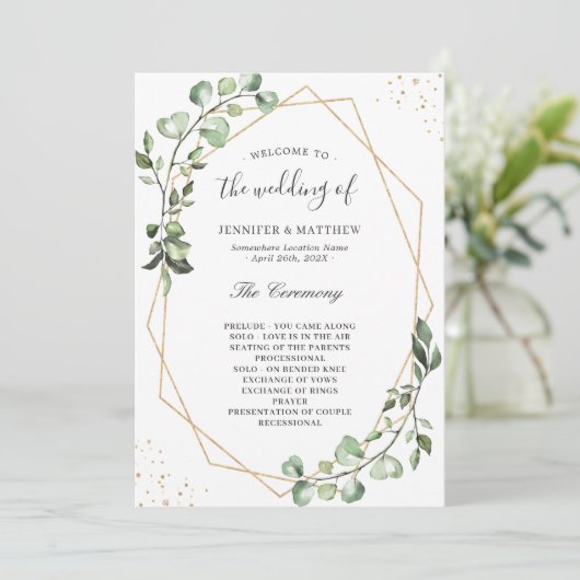 Greenery Eucalyptus leest Geometric Wedding Programmakaart (Staand voorkant)
