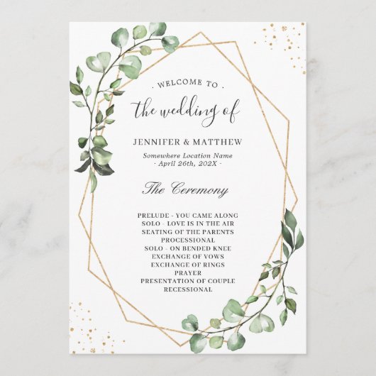 Greenery Eucalyptus leest Geometric Wedding Programmakaart (Voorkant)