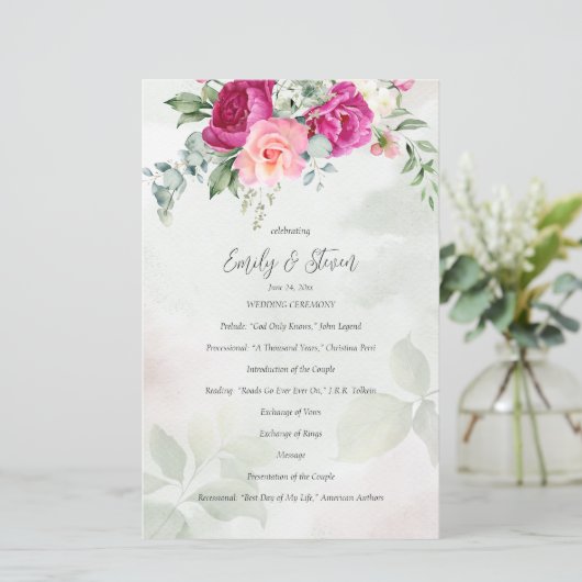 Greenery eucalyptus magenta flower trouwprogramma (Staand voorkant)