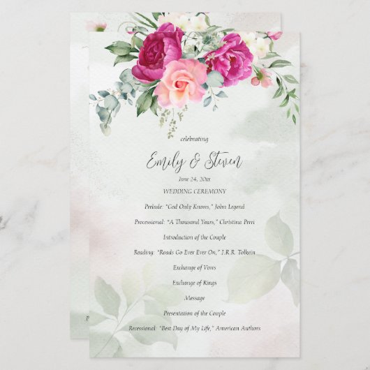 Greenery eucalyptus magenta flower trouwprogramma (Voorkant / Achterkant)