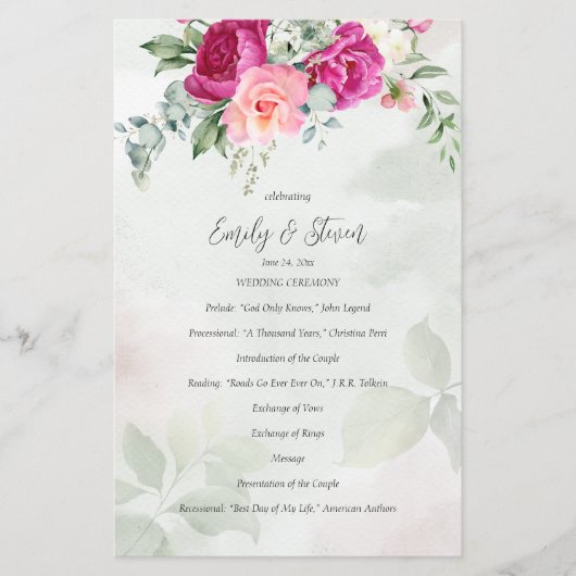 Greenery eucalyptus magenta flower trouwprogramma (Voorkant)