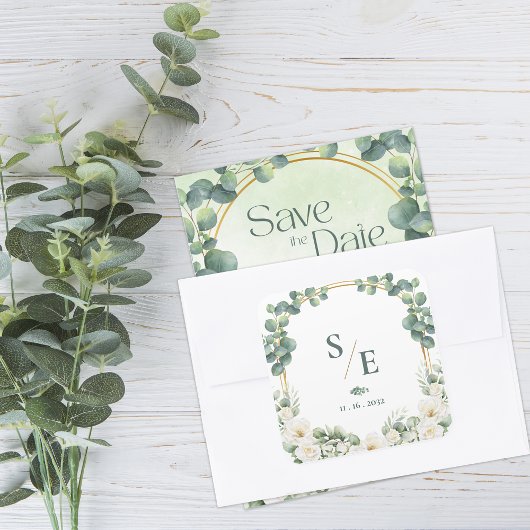 Greenery Eucalyptus Monogram Botanical Wedding Vierkante Sticker