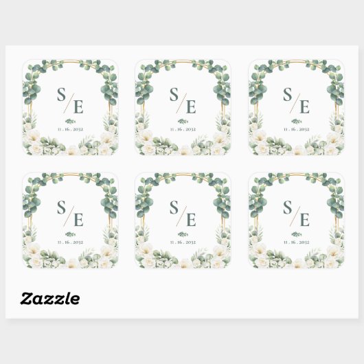 Greenery Eucalyptus Monogram Botanical Wedding Vierkante Sticker (Vel)