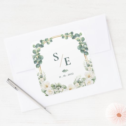 Greenery Eucalyptus Monogram Botanical Wedding Vierkante Sticker (Envelop)