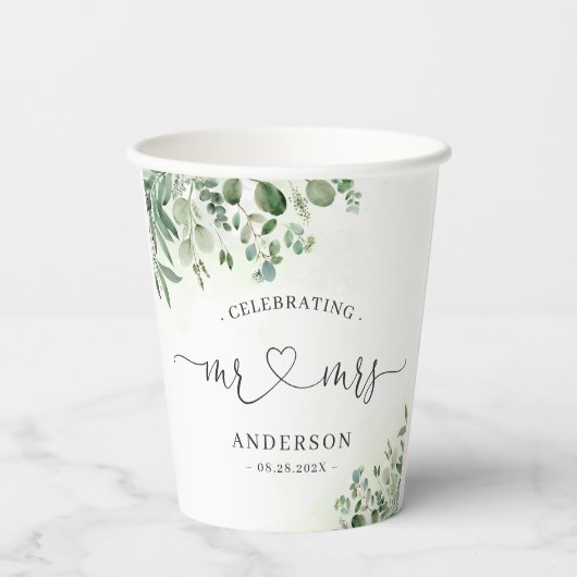 Greenery Eucalyptus Mr & Mrs Heart Script Wedding Papieren Bekers (Achterkant)