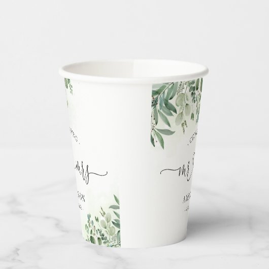 Greenery Eucalyptus Mr & Mrs Heart Script Wedding Papieren Bekers (Links)