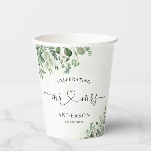 Greenery Eucalyptus Mr & Mrs Heart Script Wedding Papieren Bekers (Voorkant)