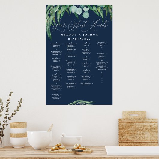 GREENERY EUCALYPTUS NAVY SEATING CHART, ALPHA POSTER (Keuken)