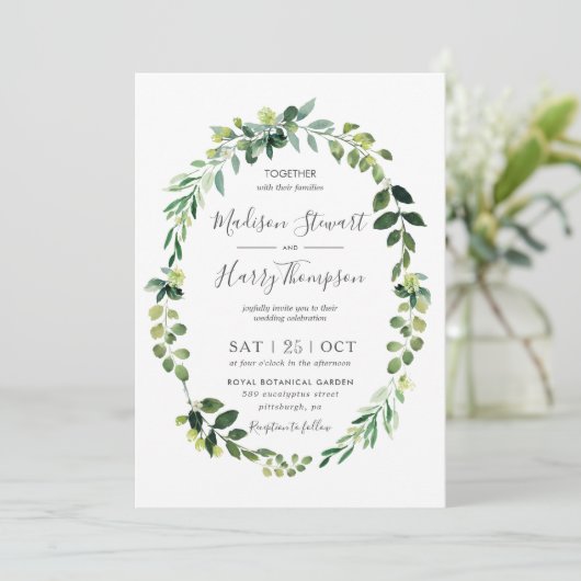 Greenery Eucalyptus Oval Wreated Botanical Wedding Kaart (Staand voorkant)