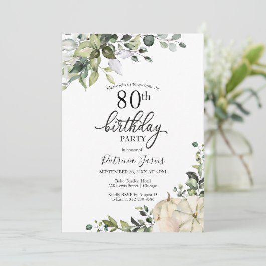 Greenery Eucalyptus Pumpkin Herfst 80th Birthday Kaart (Staand voorkant)