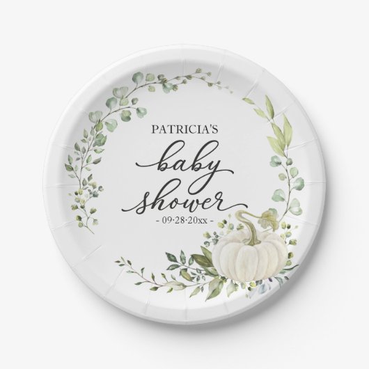 Greenery Eucalyptus Pumpkin Herfst Baby shower Papieren Bordje (Voorkant)