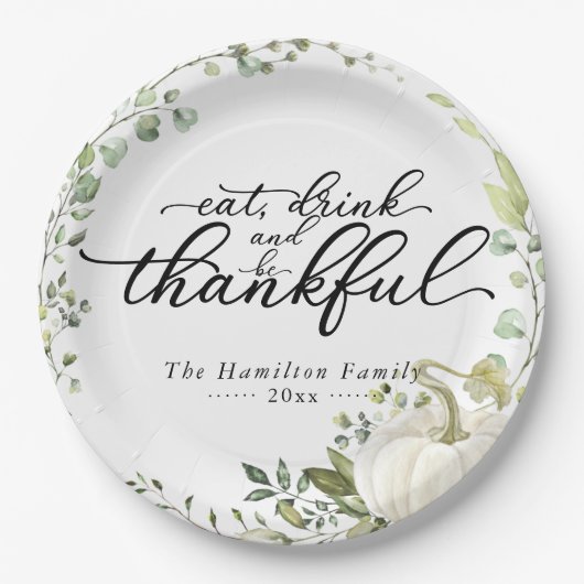 Greenery Eucalyptus Pumpkin Thanksgiving Dinner Papieren Bordje (Voorkant)