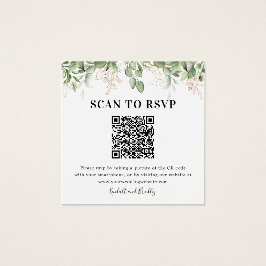 Greenery Eucalyptus QR Code Foto bruiloft RSVP Vierkante Visitekaartjes (Voorkant)