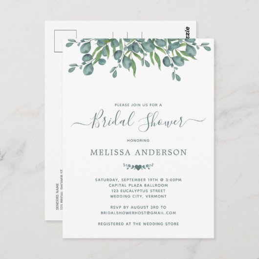 Greenery Eucalyptus Sage Bridal Shower Invitation Briefkaart (Voorkant / Achterkant)