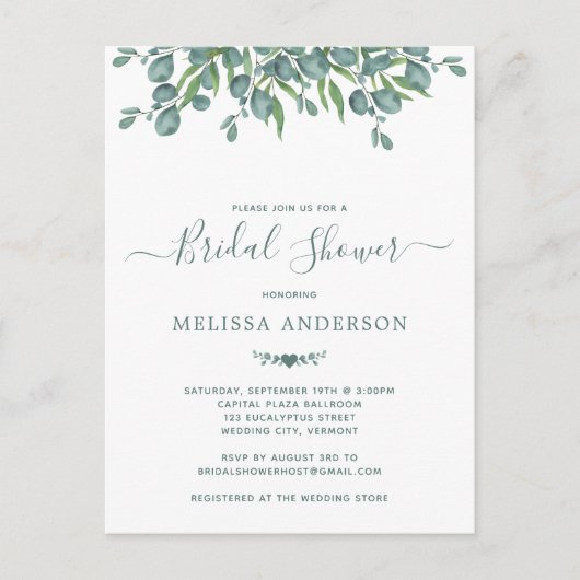 Greenery Eucalyptus Sage Bridal Shower Invitation Briefkaart (Voorkant)