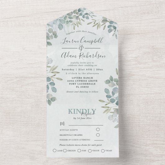 Greenery Eucalyptus Sage Green Waterverf Wedding All In One Uitnodiging (Binnen)