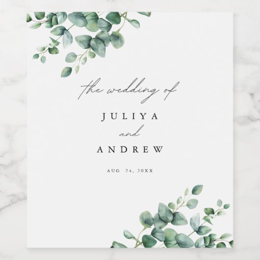 Greenery Eucalyptus script bruiloft Wijn Etiket (Enkel label)