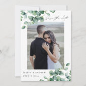 Greenery Eucalyptus script foto QR code Save The Date (Voorkant)