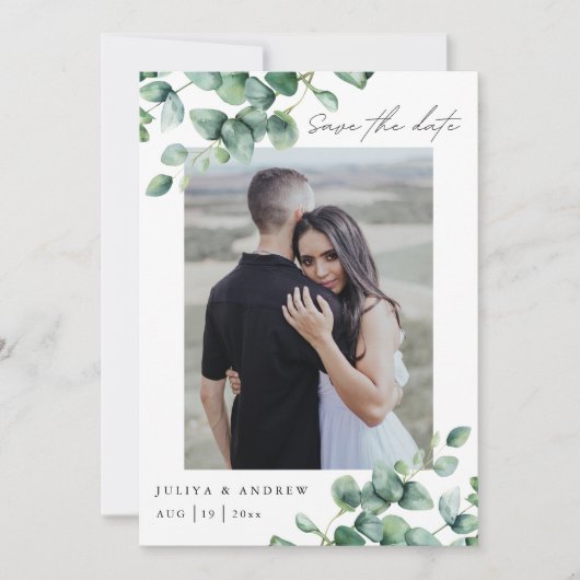 Greenery Eucalyptus script foto QR code Save The Date (Voorkant)